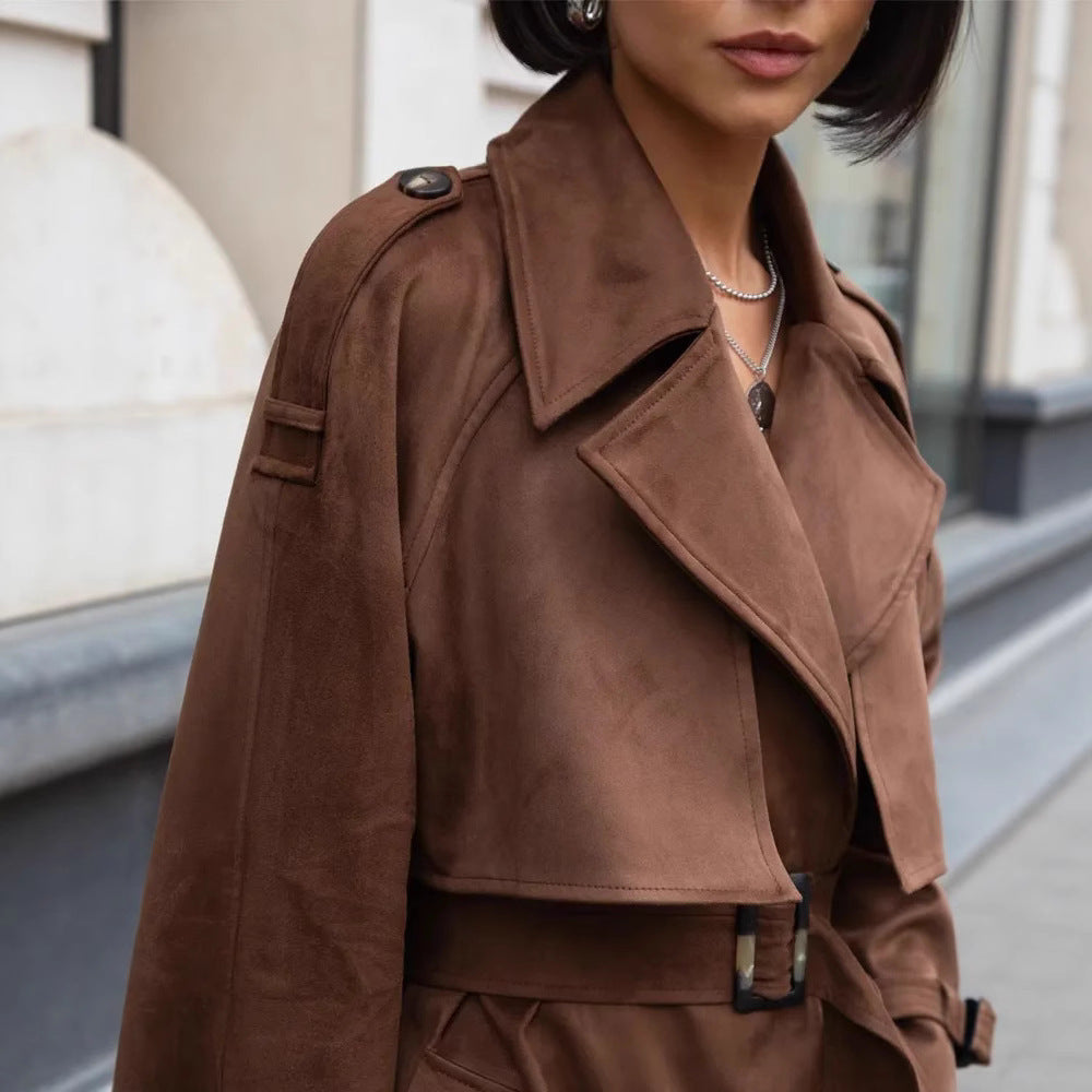 Damen Modische Kurzjacke im Biker-Stil mit grossem Kragen und Gürteldetail Drune