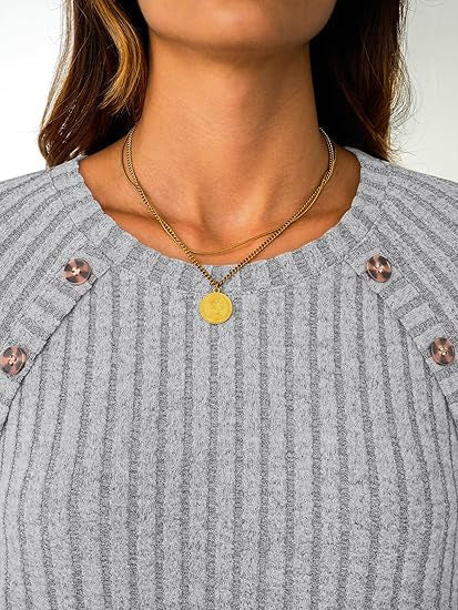 Damen Gerippter Rundhals-Pullover mit dekorativen Schulterknöpfen Drune