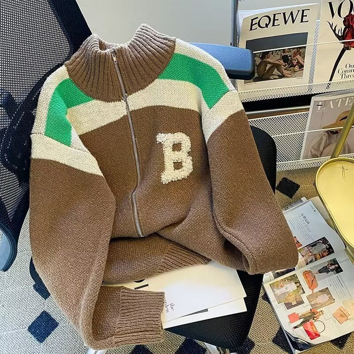 Damen Sportlicher Stehkragen-Strickpullover mit Reißverschluss und kontrastierenden Details Drune
