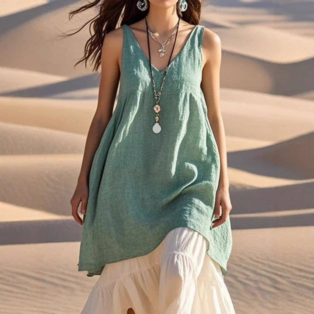 Damen luftiges Leinenkleid mit V-Ausschnitt und asymmetrischem Saum Drune