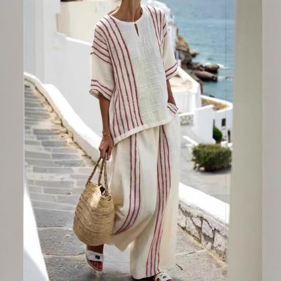Damen leichte gestreifte Leinen Tunika und Hose Set Drune