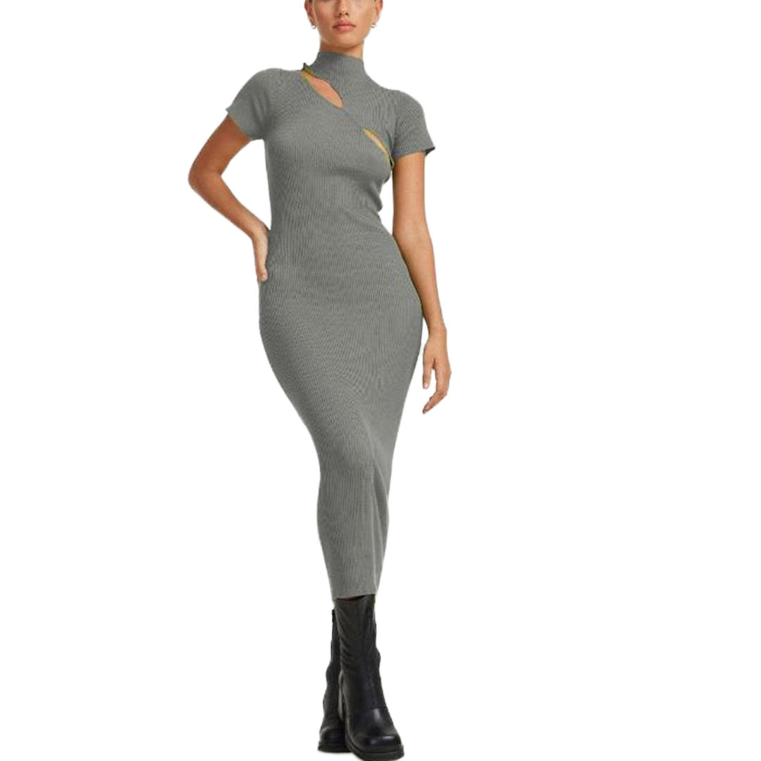Damen figurbetontes Strickkleid mit asymmetrischem Ausschnitt und hohem Kragen Drune