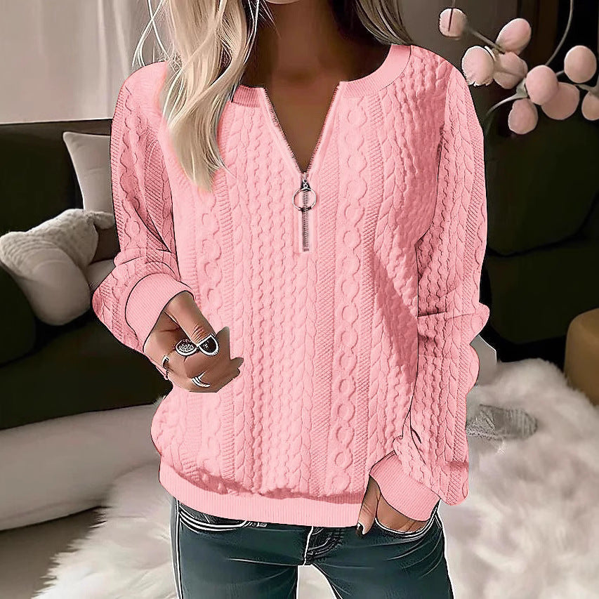 Damen Strickpullover mit Zopfmuster und halbem Reißverschluss Drune