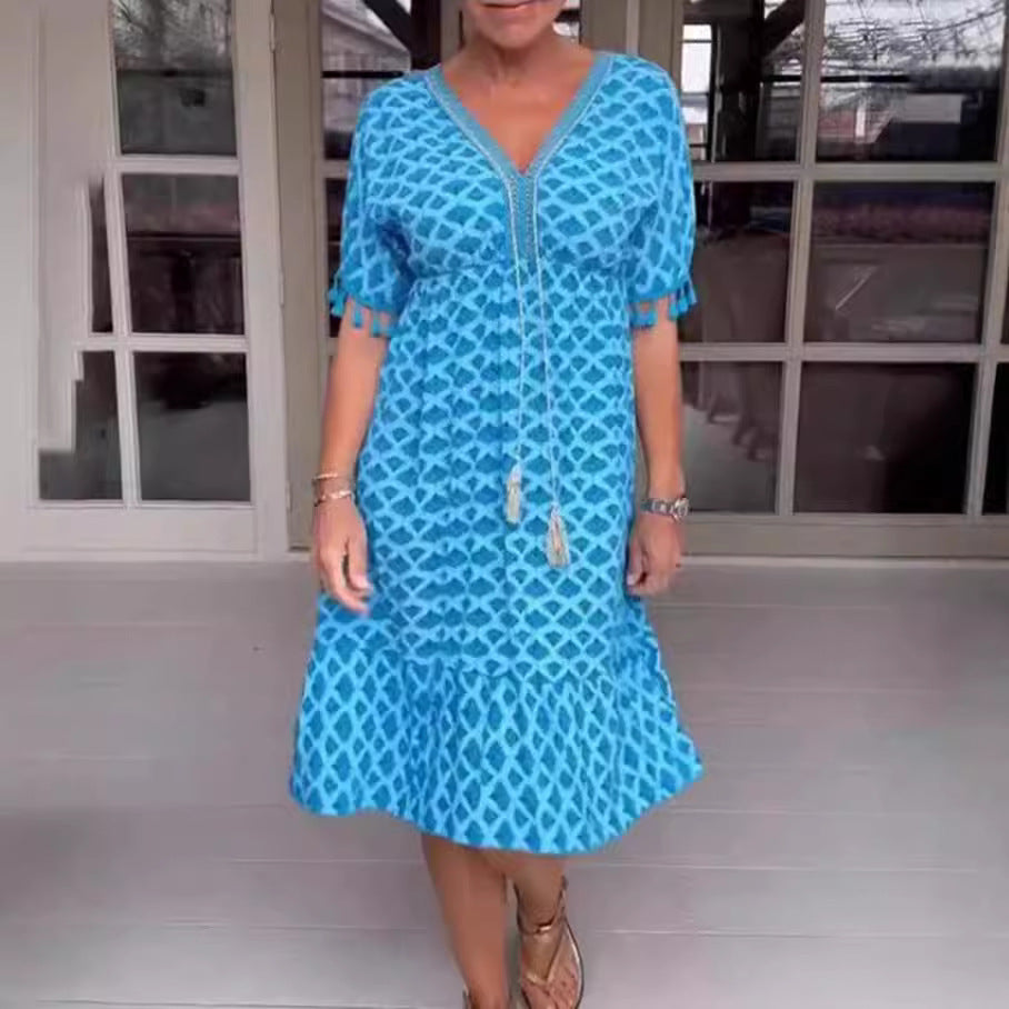 Damen nan lässiges V-Ausschnitt Strandkleid mit Quastenbindeband und Volantrock Drune
