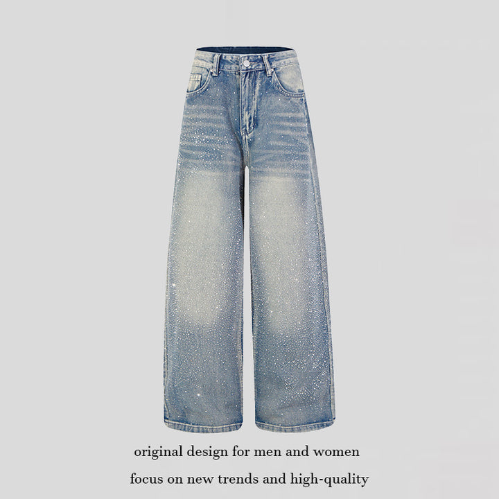 Damen Weite hochgeschnittene Palazzo-Jeans mit Glitzereffekt und Used-Waschung Drune