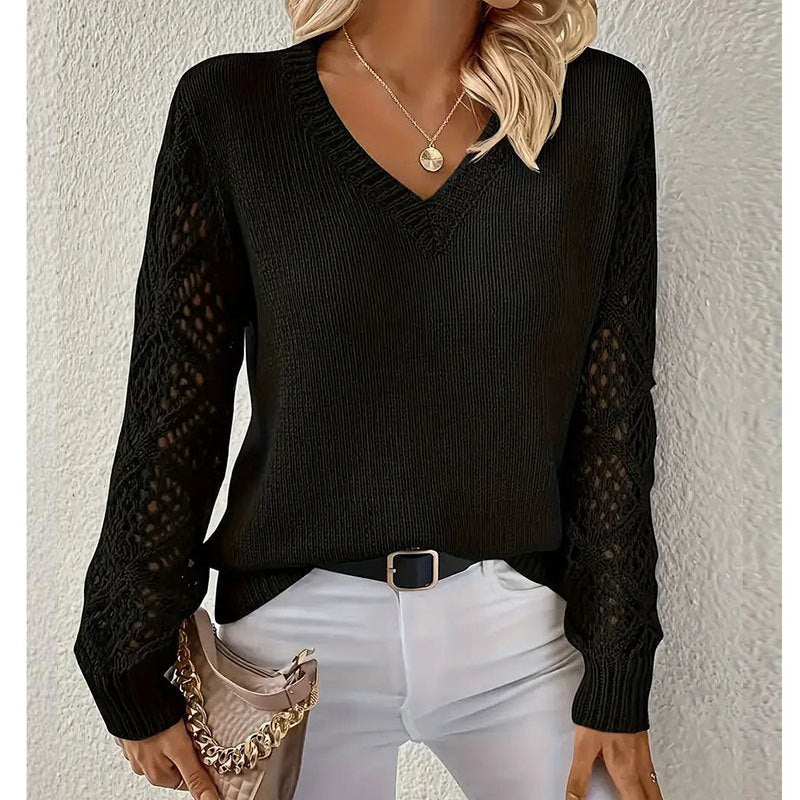 Damen Strickpullover mit raffiniertem Lochmuster und V-Ausschnitt Drune