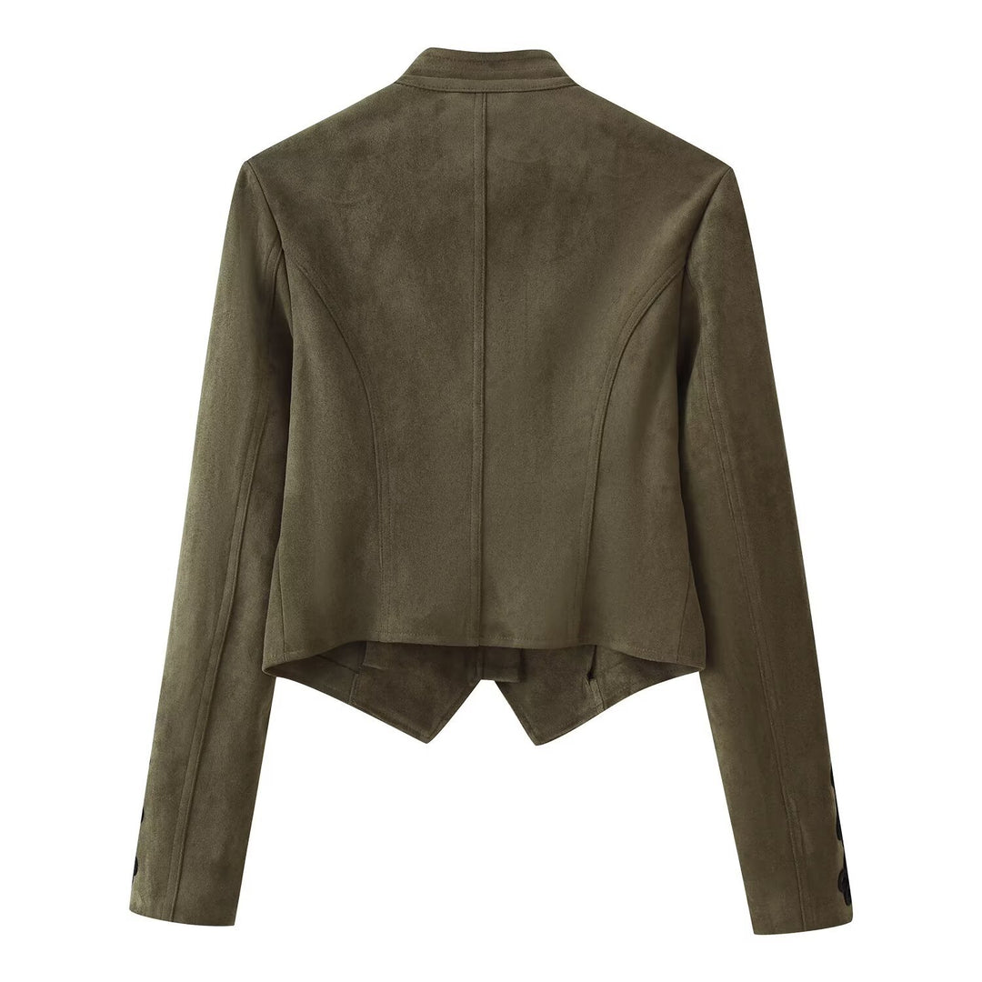 Damen Kurz geschnittene Wildlederjacke im Military‑Look mit Stehkragen und dekorativer Kordelfrosch‑Applikation Drune