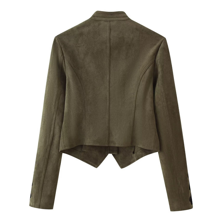 Damen Kurz geschnittene Wildlederjacke im Military‑Look mit Stehkragen und dekorativer Kordelfrosch‑Applikation Drune
