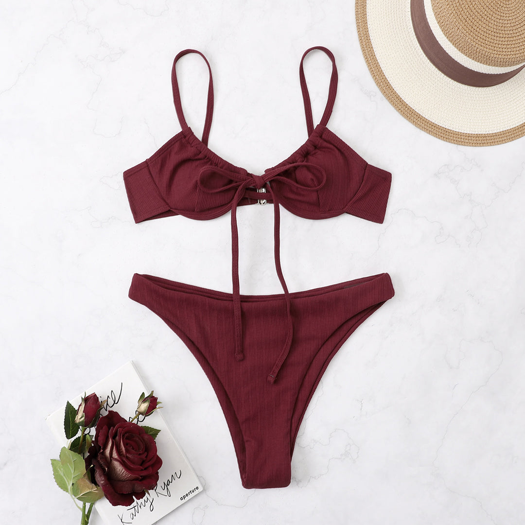 Damen Hochgeschnittener Triangel-Bikini mit dekorativem Knoten Drune