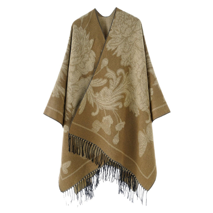 Damen Großer Wollmix Fransenponcho mit diagonalen Kontraststreifen Drune