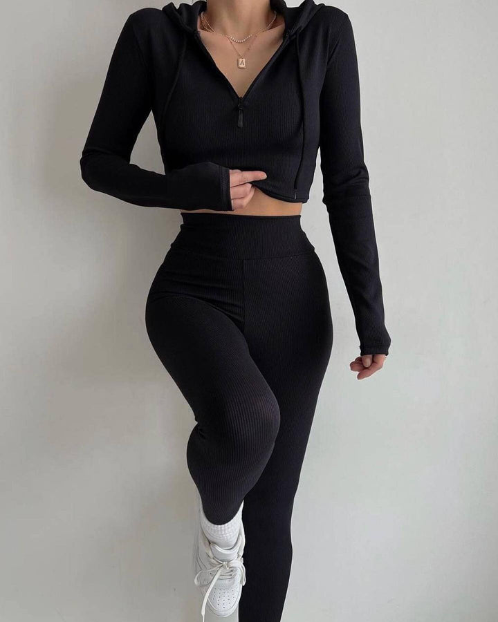 Damen figurnahes Rippjersey-Halbzip-Set mit tailliertem Longsleeve und High-Waist-Leggings Drune