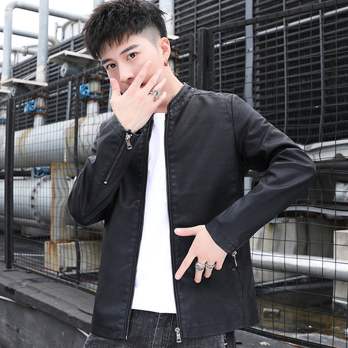 Herren schlanker Kunstleder‑Moto‑Blouson mit Stehkragen und Reißverschluss‑Taschen Drune