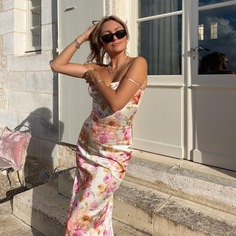 Damen Blütenmaxikleid mit verstellbaren Trägern und figurbetontem Schnitt Drune
