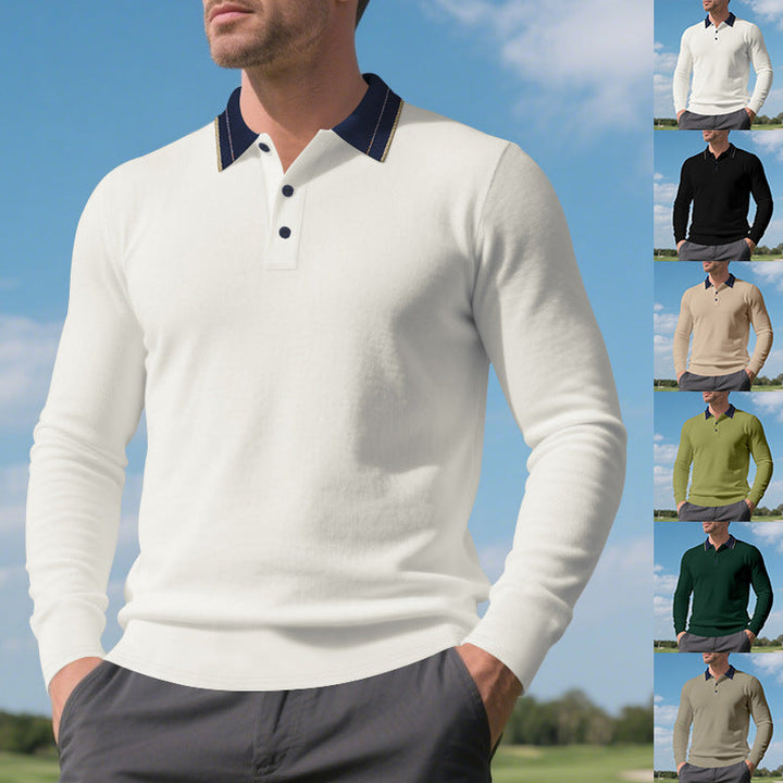 Herren elegantes Langarm-Polohemd mit kontrastierendem Kragen und modischen Knopfdetails Drune