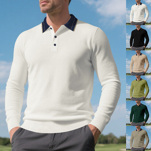 Herren elegantes Langarm-Polohemd mit kontrastierendem Kragen und modischen Knopfdetails Drune