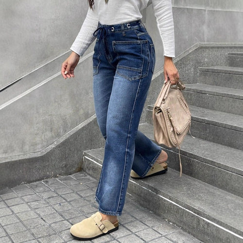 Damen Hochtaillierte Jeans mit geradem Bein, Tunnelzugbund und aufgesetzten Taschen Drune