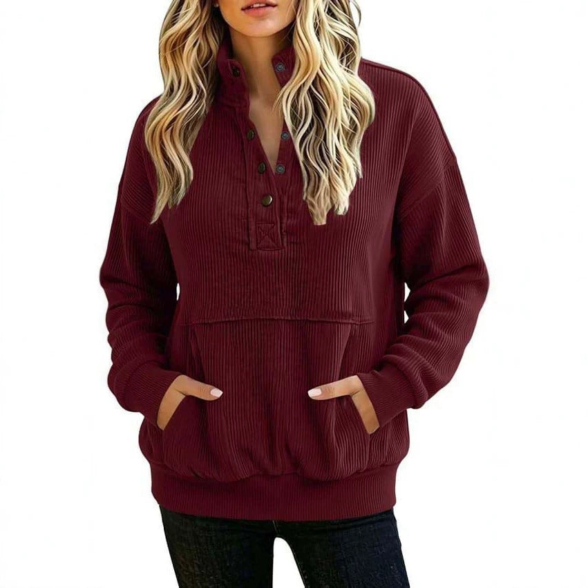 Damen gerippter Henley-Pullover mit Stehkragen und Kängurutasche Drune