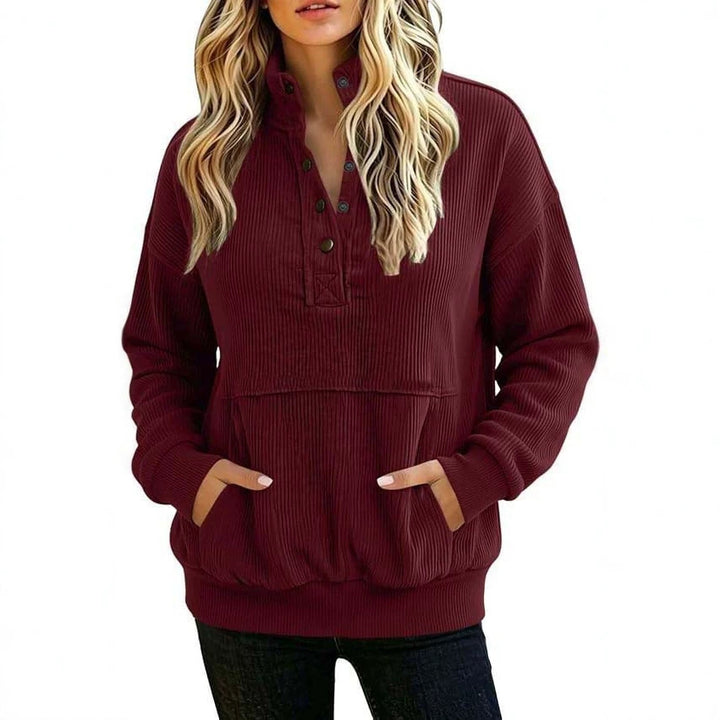 Damen gerippter Henley-Pullover mit Stehkragen und Kängurutasche Drune