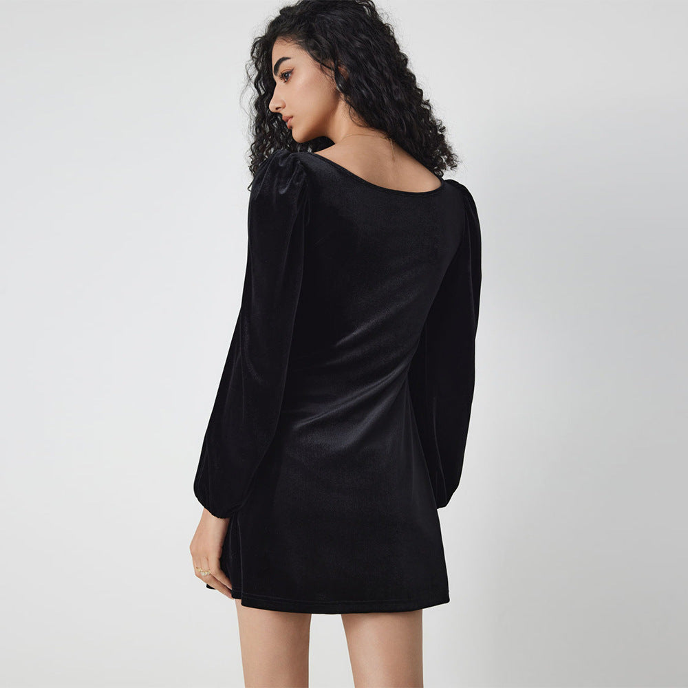 Damen Samt-Minikleid mit quadratischem Ausschnitt gerafftem Bustier und Ballonärmeln Drune