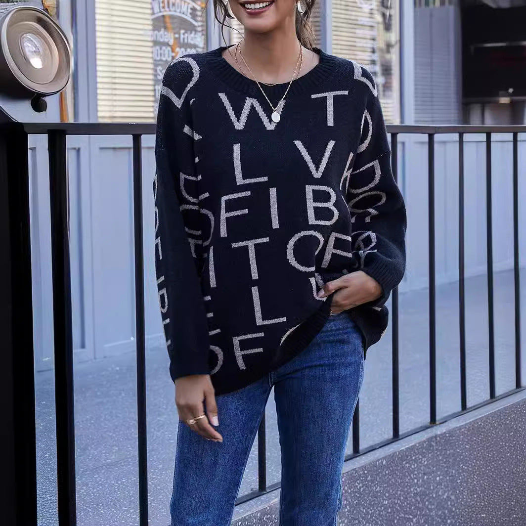 Damen Lässiger Oversized Pullover mit einem kreativen Schriftzug Drune