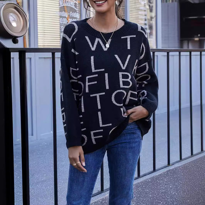 Damen Lässiger Oversized Pullover mit einem kreativen Schriftzug Drune