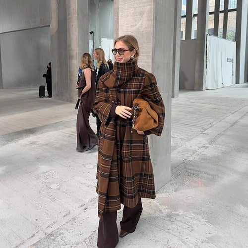 Damen Langmantel im Karo-Look aus Wollmix mit überlangem Stehkragen und Glockenärmeln Drune