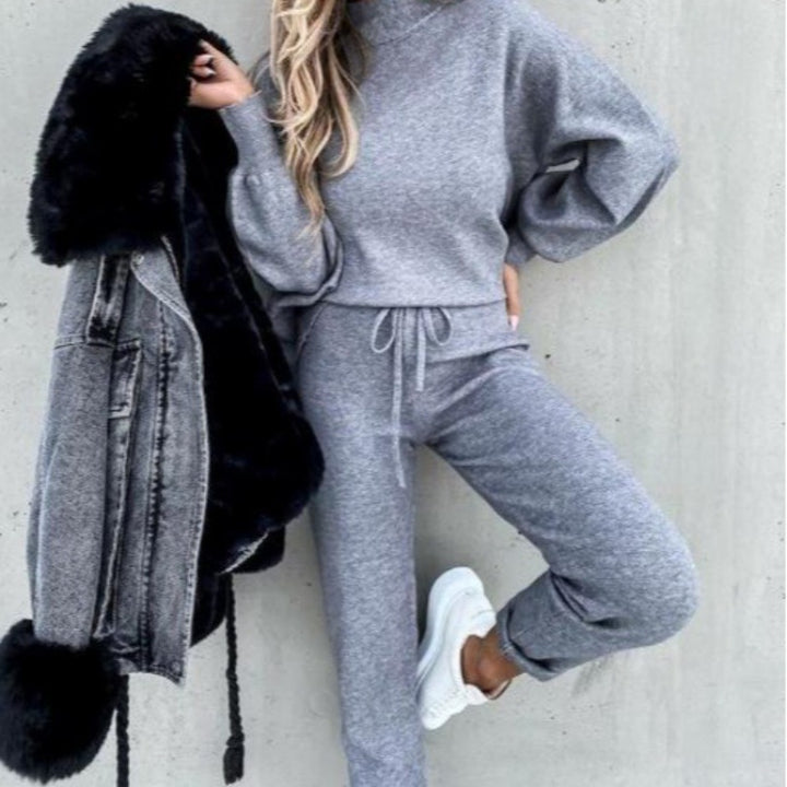 Damen Strick-Loungewear-Set mit Ballonärmeln und taillierter Jogginghose Drune