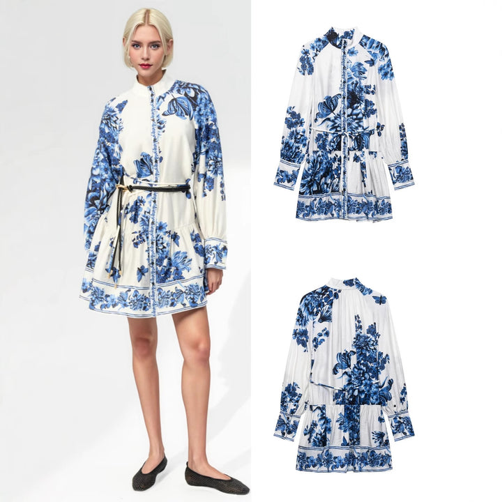 Damen Midikleid mit Stehkragen, durchgehender Knopfleiste und Taillenzug Drune