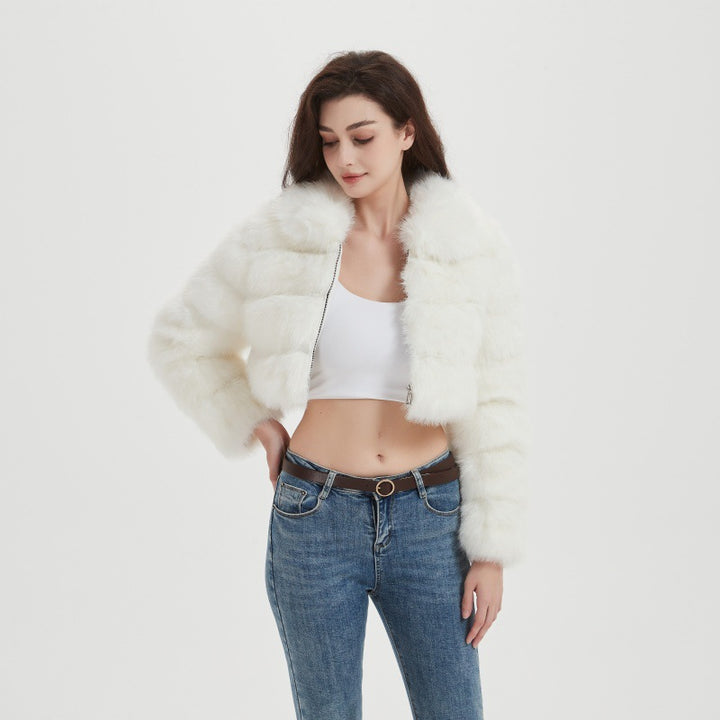 Damen Cropped Kunstpelzjacke mit horizontaler Panelstruktur und Reißverschluss Drune