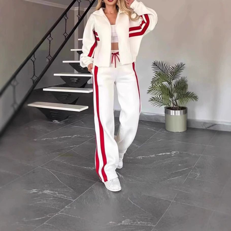 Damen nan athletisches Zweiteiler-Set aus French Terry mit Reißverschluss Cropped Jacke und weitem Highwaist Jogger Drune