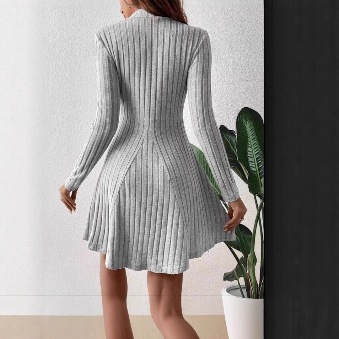 Damen Geripptes Strickkleid mit Stehkragen, taillierter A‑Linie und langen Ärmeln Drune