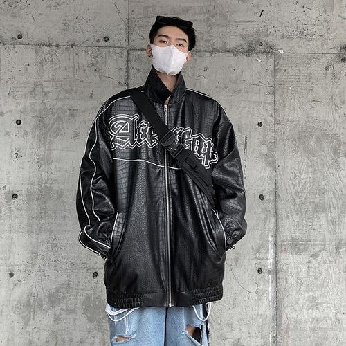 Herren Oversized Kunstlederjacke mit Krokodilprägung und Kontrastpaspel Drune