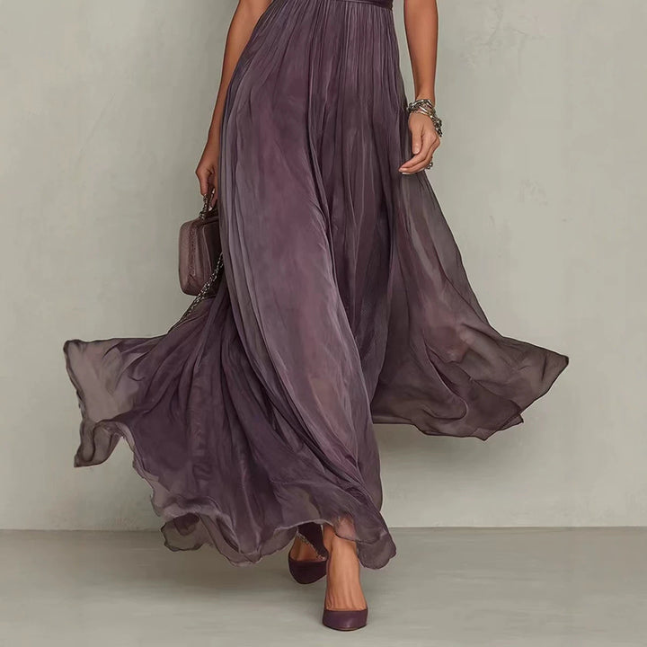 Damen nan langes Chiffon-Abendkleid mit Spitzen‑Stehkragen, Schlüsselöffnung und taillierter Schärpe Drune