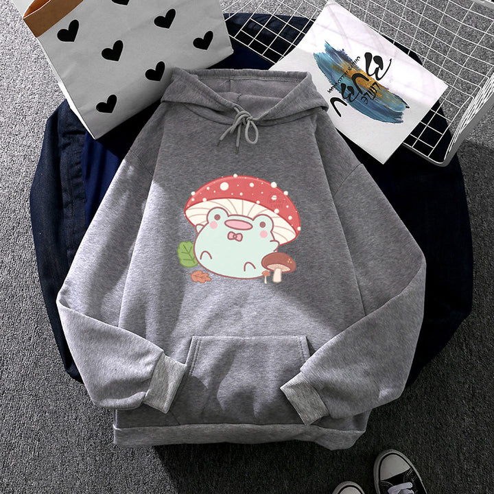 Damen nan weicher Oversize-Kapuzenpullover mit kawaii Pilzfrosch-Print, Kängurutasche und gerippten Bündchen Drune