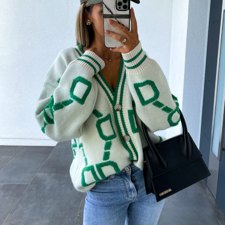 Damen Grobstrick-Cardigan mit 3D-Strukturmotiv, V‑Ausschnitt und Knopfleiste Drune