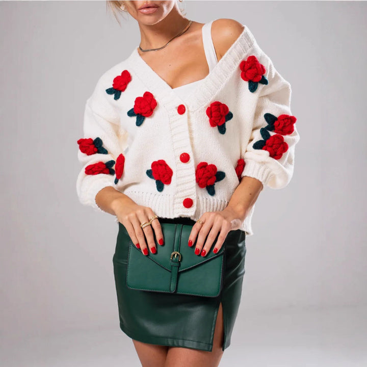 Damen Geblümter Strick-Cardigan mit 3D-Blumenapplikationen und V-Ausschnitt Drune