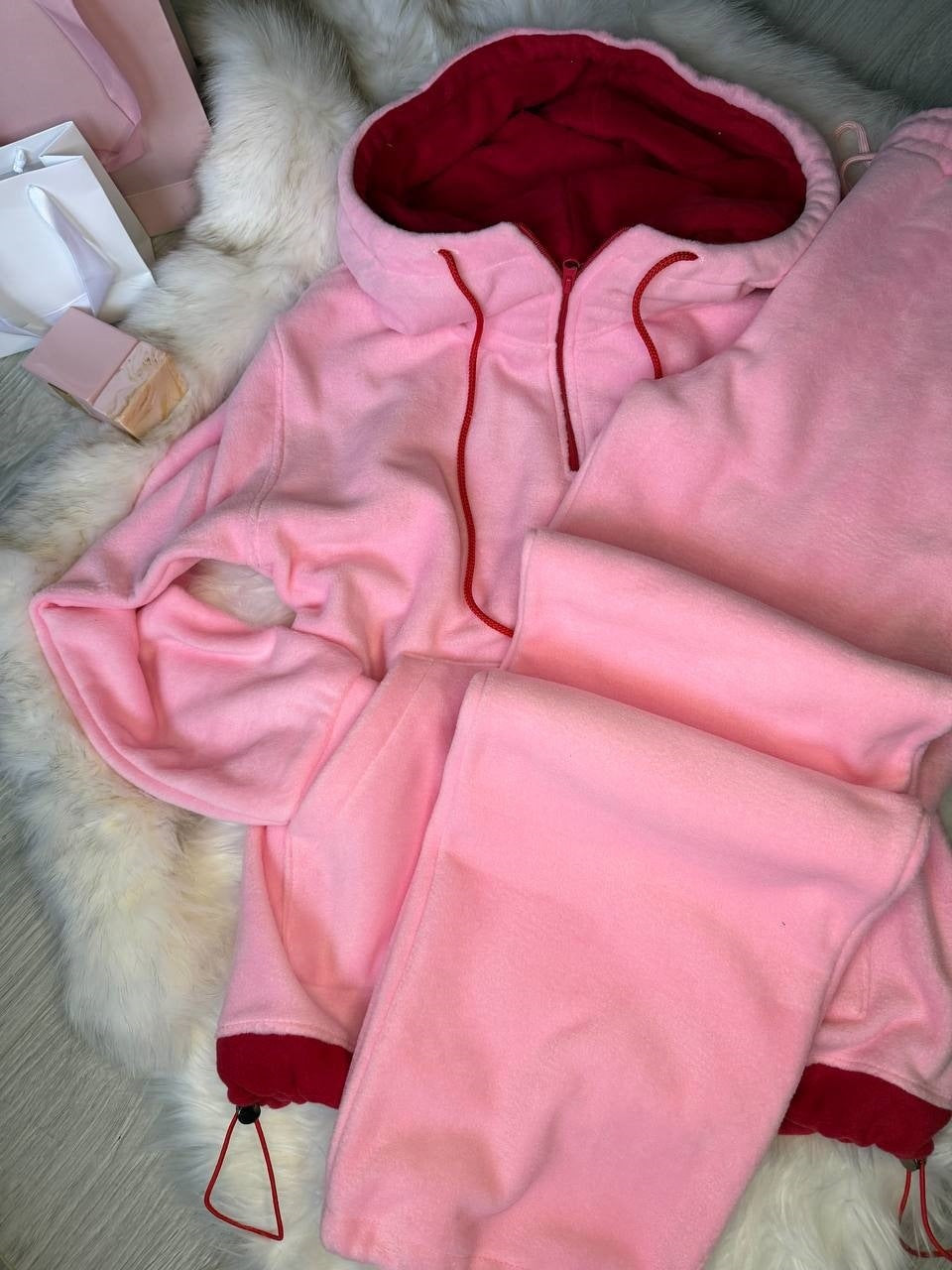 Damen Fleece-Loungewear-Set mit halbem Frontzip, gefütterter Kapuze und hochgeschnittener Komforthose Drune