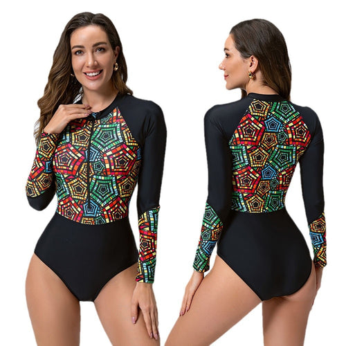 Damen Langarm-Surfbadeanzug mit buntem geometrischem Design Drune