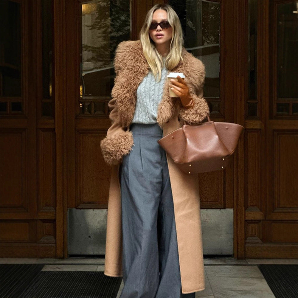 Damen Maxilanger Wollmixmantel mit abnehmbarem lockigem Faux‑Fur‑Schalkragen und Fellmanschetten Drune