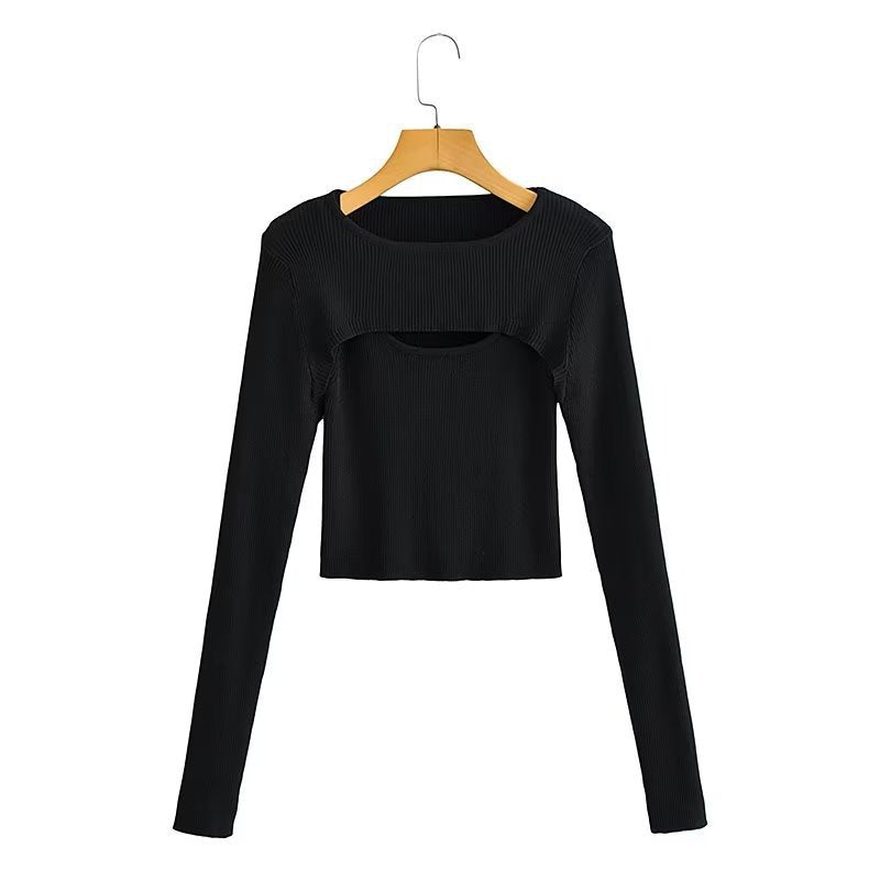 Damen Kurz geschnittenes Rippstrick-Top mit asymmetrischen Cut-Outs und Rundhalsausschnitt Drune