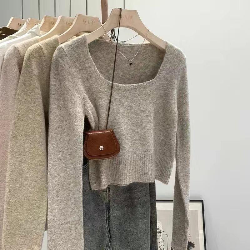 Damen lässiger Pullover mit quadratischem Ausschnitt und feiner Textur Drune