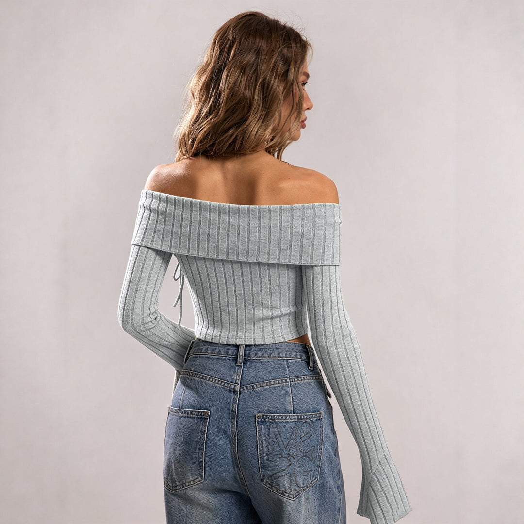 Damen schulterfreies geripptes Strick-Top mit asymmetrischem Zipfelsaum und Schnürdetail Drune