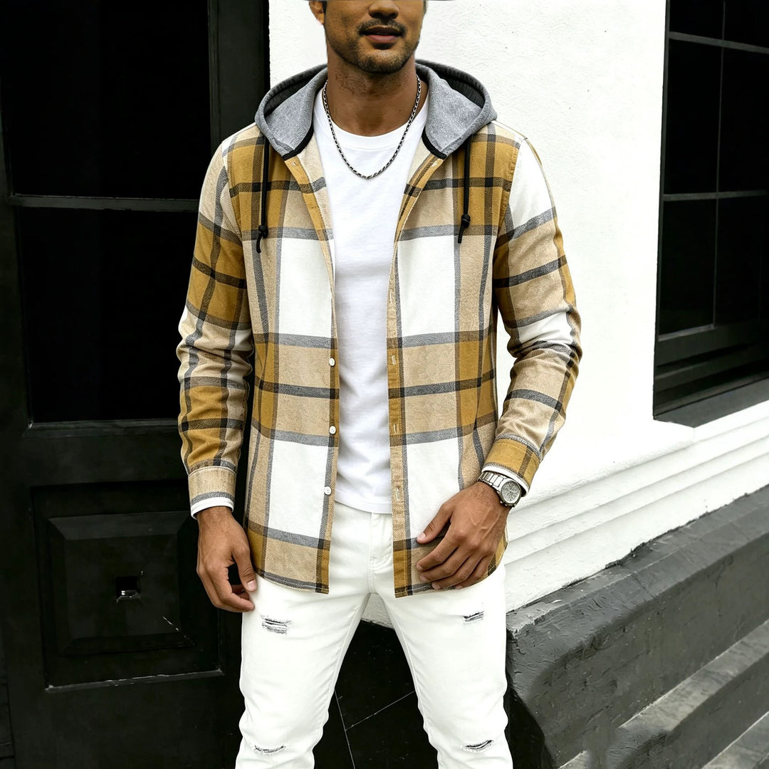 Herren lässige Flanell-Hemdjacke mit Kapuze und grafischem Karomuster Drune