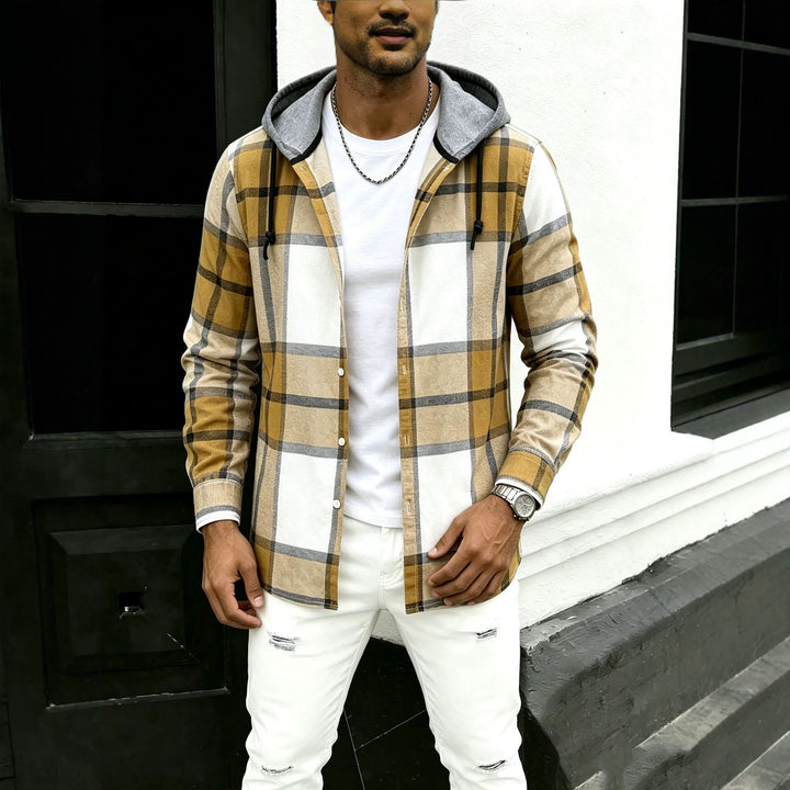 Herren lässige Flanell-Hemdjacke mit Kapuze und grafischem Karomuster Drune