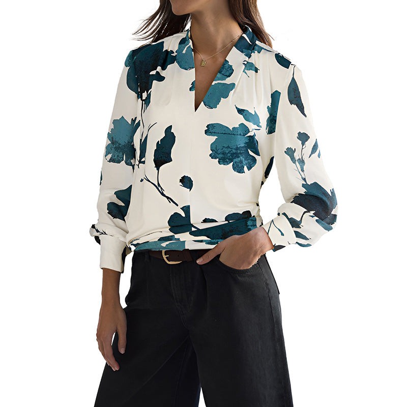 Damen Watercolor-Bluse mit V-Ausschnitt, Plissée-Schulter und legerer Wickeloptik Drune