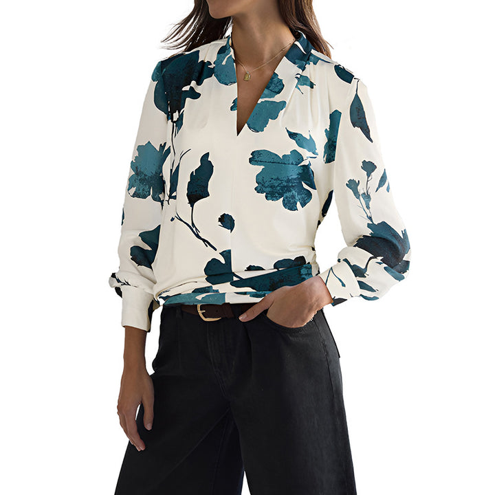 Damen Watercolor-Bluse mit V-Ausschnitt, Plissée-Schulter und legerer Wickeloptik Drune