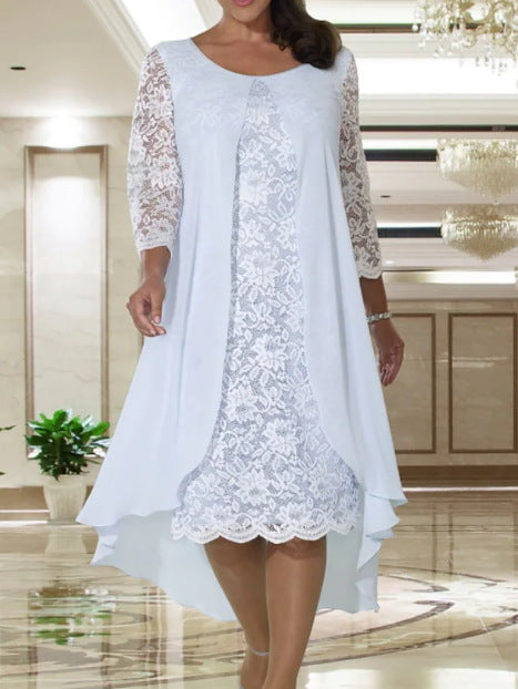 Damen nan elegantes Chiffon-Spitzenkleid mit Vokuhila-Überwurf und dreiviertelärmeln Drune