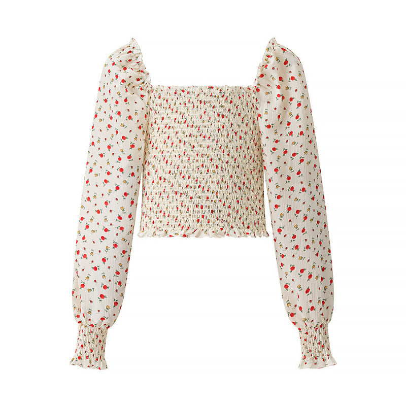 Damen Gesmoktes Cropped-Top mit Puffärmeln und Blumendessin Drune