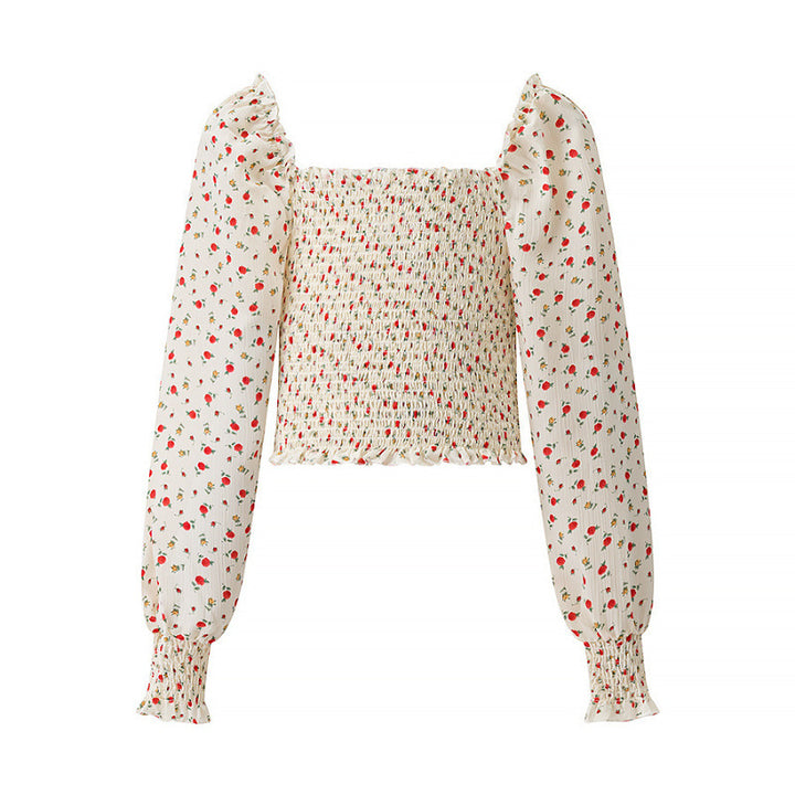 Damen Gesmoktes Cropped-Top mit Puffärmeln und Blumendessin Drune