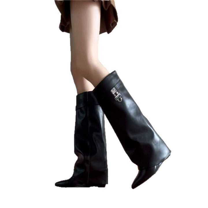 Damen kniehohe Lederstiefel mit spitzer Zehenform, flachem Absatz und seitlichem Schnallenverschluss Drune